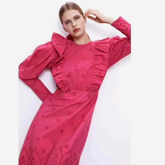 Zara Pink Eyelet Embroidered Midi Dress, Size Small NEW WITH TAG! - Picture 1 of 15
